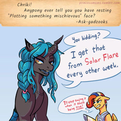 Size: 2166x2166 | Tagged: safe, artist:overlordneon, oc, oc only, oc:chriki, oc:solar flare, changeling, changeling queen, pegasus, pony, adopted offspring, armor, ask, blue background, changeling queen oc, dialogue, duo, duo female, female, floppy ears, gritted teeth, lidded eyes, magical gay spawn, mare, offspring, parent:flash sentry, parent:queen chrysalis, parent:sunburst, parent:unknown, parent:zecora, parents:flashburst, simple background, speech bubble, talking to viewer, teeth, tumblr