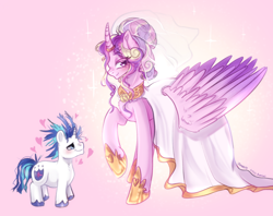 Size: 2048x1620 | Tagged: safe, artist:mojmojsanna, princess cadance, shining armor, alicorn, pony, unicorn, g4, alternate hairstyle, blushing, clothes, dress, duo, duo male and female, female, floating heart, hair bun, heart, height difference, hoof shoes, horn, horn ring, jewelry, looking at someone, looking at you, male, mare, meme, messy mane, partially open wings, physique difference, raised hoof, regalia, ring, ship:shiningcadance, shipping, short, size difference, smiling, sparkles, stallion, straight, tall, the bride and the ugly ass groom, toy interpretation, veil, wedding dress, wedding ring, wedding veil, wings