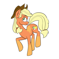 Size: 1155x1155 | Tagged: safe, artist:this_sl0th, applejack, earth pony, pony, g4, alternate cutie mark, applejack's hat, coat markings, cowboy hat, facial markings, female, hat, leg markings, looking at you, mare, raised hoof, redesign, simple background, solo, star (coat marking), transparent background, turned head