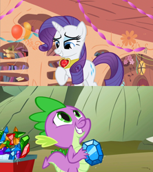 Size: 1280x1440 | Tagged: safe, edit, edited screencap, screencap, rarity, spike, dragon, pony, unicorn, a dog and pony show, g4, season 1, season 2, secret of my excess, balloon, cute, duo, duo male and female, female, fire ruby, gem, golden oaks library, horn, jewelry, male, necklace, ruby, ship:sparity, shipping, spikabetes, straight, streamers, wagon
