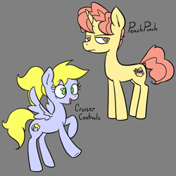 Size: 1155x1155 | Tagged: safe, artist:this_sl0th, oc, oc only, oc:cruiser contrails, oc:peach punch, pegasus, pony, unicorn, duo, duo male and female, female, gray background, horn, male, mare, open mouth, open smile, rearing, simple background, smiling, spread wings, stallion, standing, unamused, wings