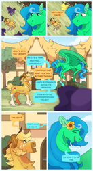 Size: 2360x4301 | Tagged: safe, artist:angstyram, applejack, oc, oc:crystal, oc:crystal sketch harmony, earth pony, pegasus, pony, g4, coat markings, comic, dialogue, duo focus, female, flower, flower in hair, high res, mare, muttonchops, socks (coat markings), speech bubble