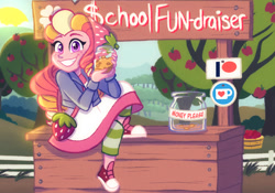 Size: 2388x1668 | Tagged: safe, artist:carouselunique, oc, oc only, oc:honeycrisp blossom, human, equestria girls, g4, apple, apple tree, berry in the big city, clothes, female, freckles, grin, ko-fi, looking at you, offspring, parent:big macintosh, parent:princess cadance, parents:cadmac, patreon, patreon logo, shoes, skirt, smiling, smiling at you, sneakers, solo, strawberry shortcake, strawberry shortcake berry in the big city, tip jar, tree