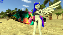 Size: 3840x2160 | Tagged: safe, artist:rainsstudio, oc, oc only, oc:black rain, alicorn, anthro, plantigrade anthro, 3d, alicorn oc, beach, big breasts, bikini, breasts, clothes, female, horn, nexgen, nose wrinkle, open mouth, outdoors, rule 63, smiling, solo, source filmmaker, spread wings, summer, surfboard, swimsuit, tail, tongue out, wings