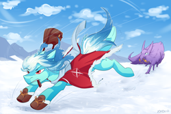 Size: 3000x2000 | Tagged: safe, artist:z0ri0n, north star, oc, oc only, earth pony, griffon, pony, g4, medicine, running, snow