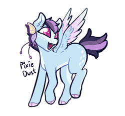 Size: 800x740 | Tagged: safe, artist:thesilvercatt, oc, oc only, oc:pixie dust, pegasus, pony, blue coat, female, magenta eyes, mare, name, open mouth, open smile, pegasus oc, purple mane, purple tail, simple background, smiling, solo, spotted, tail, transparent background, wings