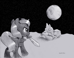 Size: 5864x4676 | Tagged: safe, artist:mizhisha, princess luna, alicorn, pony, moonstuck, g4, cartographer's cutlass, female, filly, filly luna, foal, mare, monochrome, mouth hold, requested art, solo, sword, weapon, woona, younger