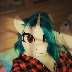 Size: 2048x2048 | Tagged: safe, artist:essorille, artist:vinylpone, dj pon-3, vinyl scratch, human, unicorn, anthro, g4, animal costume, bed, blue mane, chest fluff, close-up, clothes, cosplay, costume, cute, equine, female, furry, fursuit, horn, in bed, indoors, irl, irl human, light rays, looking at you, lying down, mare, messy mane, morning, photo, plaid, plaid shirt, plushie, ponysuit, purple eyes, ruffled hair, shirt, solo