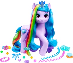 Size: 1500x1310 | Tagged: safe, izzy moonbow, pony, unicorn, g5, my little pony: tell your tale, official, the blockywockys, 2024, brushable, female, horn, izzy rainbow, mare, photo, rainbow styles, rainbow styles izzy moonbow, simple background, solo, toy, white background