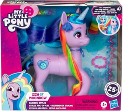 Size: 1500x1355 | Tagged: safe, izzy moonbow, pony, unicorn, g5, my little pony: tell your tale, official, the blockywockys, 2024, brushable, female, horn, izzy rainbow, mare, my little pony logo, photo, rainbow styles, rainbow styles izzy moonbow, simple background, solo, toy, white background
