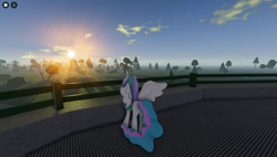 Size: 1858x1057 | Tagged: safe, princess celestia, alicorn, pony, g4, 3d, cloud, female, game screencap, platform, railing, roblox, sky, solo, sun, sunrise, tree, twisted (game)