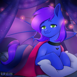 Size: 2000x2000 | Tagged: safe, alternate character, alternate version, artist:erein, oc, oc only, oc:nightstaroc, bat pony, pony, bat pony oc, bat wings, bedroom, bisexual, bisexual female, bisexual pride flag, choker, colored wings, commission, ears up, fangs, female, flag, garland, green eyes, high res, indoors, jewelry, lgbt, looking at you, multicolored hair, multicolored tail, necklace, night, pillow, pride, pride flag, pride month, room, smiling, smiling at you, solo, string lights, tail, wings, ych result