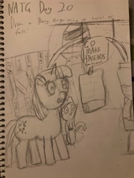 Size: 3024x4032 | Tagged: safe, artist:goldenmidnight, spike, twilight sparkle, dragon, unicorn, friendship is magic, g4, bookshelf, duo, duo male and female, female, hourglass, implied princess celestia, male, newbie artist training grounds, shocked, shocked expression, traditional art, twilight's canterlot home, unicorn twilight