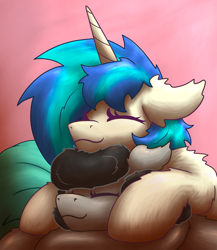 Size: 2000x2300 | Tagged: safe, artist:gosha305, dj pon-3, octavia melody, vinyl scratch, earth pony, pony, unicorn, g4, bangs, cute, duo, ear tufts, eye clipping through hair, eyelashes, eyes closed, female, floppy ears, fluffy, half body, high res, horn, lesbian, lying down, lying on top of someone, mare, missing accessory, morning, no glasses, pillow, pink background, ship:scratchtavia, shipping, simple background, sleeping, sleeping together, smiling, snuggling, tavibetes, vinylbetes