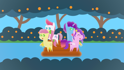 Size: 1920x1080 | Tagged: safe, artist:carrotorangelight, misty brightdawn, pipp petals, posey bloom, zipp storm, pony, g5, female, forest background, pointy ponies, raft, river, royal sisters (g5), siblings, sisters, water