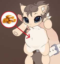 Size: 3828x4085 | Tagged: safe, artist:konejo, oc, oc only, oc:dima, human, pegasus, pony, belly, brown background, chicken meat, chicken nugget, food, full of pilk, hand, holding a pony, meat, micro, simple background, solo, tiny, tiny ponies, watch