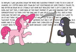 Size: 2146x1479 | Tagged: safe, artist:doodledonutart, pinkie pie, earth pony, pony, g4, atg 2024, dialogue, duo, female, frown, grim reaper, implied death, mare, motormouth, newbie artist training grounds, open mouth, open smile, scythe, smiling, talking, text, wall of text, watch, wristwatch