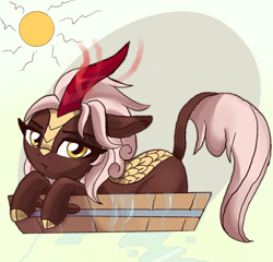 Size: 2478x2376 | Tagged: safe, artist:spookyle, oc, oc only, oc:autumn rain, kirin, bathing, bucket, floppy ears, kirin oc, looking at you, solo, sun, water