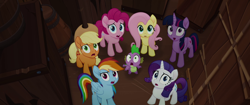 Size: 1920x804 | Tagged: safe, screencap, applejack, fluttershy, pinkie pie, rainbow dash, rarity, spike, twilight sparkle, alicorn, dragon, earth pony, pegasus, pony, unicorn, g4, my little pony: the movie, female, horn, male, mane seven, mane six