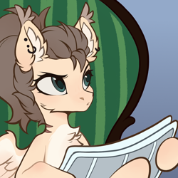 Size: 512x512 | Tagged: safe, artist:sofiko-ko, oc, oc only, oc:dima, pegasus, pony, chair, chest fluff, colored ear fluff, colored ear tufts, ear fluff, ear tufts, female, frown, half body, mare, meme, newspaper, pale belly, ponified meme, sitting, solo, tom and jerry, tom reading the newspaper