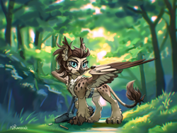 Size: 1440x1080 | Tagged: safe, artist:anoraknr, oc, oc only, oc:dima, griffon, bag, forest, forest background, griffonized, mouth hold, nature, paintbrush, solo, species swap, tree