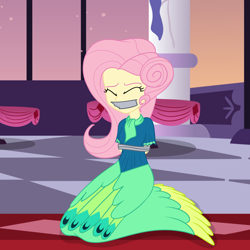 Size: 2000x2000 | Tagged: safe, artist:nie-martw-sie-o-mnie, part of a set, fluttershy, human, equestria girls, g4, make new friends but keep discord, bondage, bound and gagged, carpet, clothes, dress, eyes closed, female, femsub, fluttersub, gag, gala dress, kneeling, long dress, long skirt, red carpet, skirt, solo, submissive, tape, tape bondage, tape gag