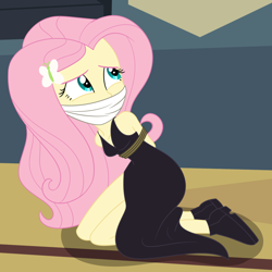 Size: 2000x2000 | Tagged: safe, artist:nie-martw-sie-o-mnie, part of a set, fluttershy, human, equestria girls, g4, scare master, ankle boots, black dress, bondage, bound and gagged, butterfly hairpin, cloth gag, clothes, costume, dress, female, femsub, fluttersub, gag, halloween, halloween costume, kneeling, looking up, rope, rope bondage, solo, submissive