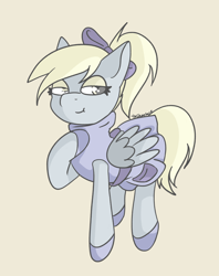 Size: 3062x3866 | Tagged: safe, artist:tkshoelace, derpy hooves, pegasus, pony, g4, bow, clothes, dress, eyelashes, eyeshadow, folded wings, hair bow, hoof on chest, lidded eyes, makeup, pocket, ponytail, shoes, simple background, smiling, solo, wings