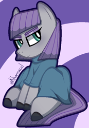 Size: 525x758 | Tagged: safe, artist:kharmacal, maud pie, earth pony, pony, g4, abstract background, clothes, dress, female, full body, looking offscreen, mare, shading, sitting, solo