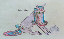 Size: 2824x1739 | Tagged: safe, artist:peacepetal, oc, oc only, oc:fable dusk, pony, unicorn, bow, female, glasses, hair bow, hoers, horn, magic, mare, quill, rectangular pupil, scroll, sitting, solo, tail, tail bow, telekinesis, traditional art