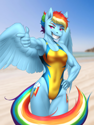 Size: 4500x6000 | Tagged: safe, artist:mykegreywolf, rainbow dash, pegasus, anthro, g4, alternate hairstyle, beach, biceps, both cutie marks, breasts, clothes, female, finger gun, grin, hand on hip, high-cut clothing, legs together, muscles, ocean, one-piece swimsuit, pointing, quadriceps, rainbuff dash, reasonably sized breasts, short hair rainbow dash, smiling, solo, swimsuit, thigh gap, thighs, water, wings