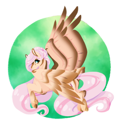 Size: 2000x2000 | Tagged: safe, artist:oneiria-fylakas, fluttershy, pegasus, pony, g4, abstract background, alternate design, circle background, ear markings, facial markings, feathered fetlocks, female, flying, looking at you, looking back, looking back at you, mare, smiling, smiling at you, solo, tail, two toned mane, two toned tail