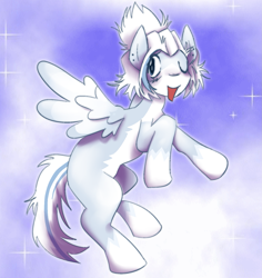 Size: 1499x1591 | Tagged: safe, artist:xxmudkipxx, oc, oc only, pegasus, pony, blue sky, gray coat, one eye closed, open mouth, open smile, pegasus oc, sky, smiling, solo