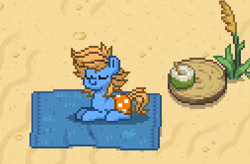 Size: 1012x665 | Tagged: safe, oc, oc only, oc:blue cookie, earth pony, pony, pony town, beach, clothes, cute, digital art, earth pony oc, eyes closed, male, photo, pixel art, smiling, solo, stallion, swimming trunks, swimsuit