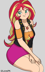 Size: 1335x2160 | Tagged: safe, artist:lukamelmc, sunset shimmer, human, equestria girls, g4, female, geode of empathy, gray background, human coloration, magical geodes, simple background, solo