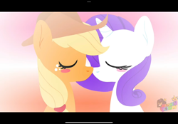 Size: 2360x1640 | Tagged: safe, artist:mayhemtown, applejack, rarity, earth pony, pony, unicorn, g4, apple of my eye hd, applejack's hat, cowboy hat, cute, female, hat, horn, kissing, lesbian, pride month, ship:rarijack, shipping