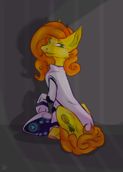 Size: 2118x2966 | Tagged: safe, artist:kenry dog, oc, oc only, oc:anna pine, earth pony, pony, curly mane, curly tail, freckles, haydee, helmet, looking back, orange mane, orange tail, pineapple, rear view, sitting, solo, tail, yellow coat