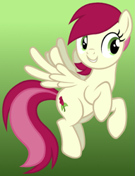 Size: 635x830 | Tagged: safe, artist:roseluck, derpibooru exclusive, roseluck, pegasus, pony, g4, female, flying, full body, gradient background, green background, looking at you, mare, pegasus roseluck, race swap, show accurate, smiling, smiling at you, solo, spread wings, tail, three quarter view, wings