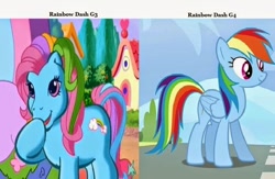 Size: 766x500 | Tagged: artist needed, safe, edit, edited screencap, screencap, rainbow dash, rainbow dash (g3), earth pony, pegasus, pony, g3, g4, the princess promenade, wonderbolts academy, comparison, duo, duo female, female, folded wings, g3 to g4, generation leap, hoof over mouth, open mouth, open smile, pinterest, smiling, standing, text, wings