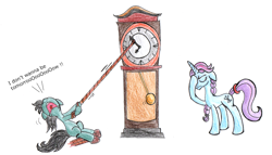 Size: 1950x1119 | Tagged: safe, artist:fleximusprime, unicorn, atg 2024, clock, duo, facehoof, female, filly, foal, grandfather clock, horn, mare, newbie artist training grounds, rope, simple background, white background