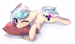 Size: 2048x1220 | Tagged: safe, artist:enjaadjital, oc, oc only, earth pony, pony, blush lines, blushing, cute, ear fluff, earth pony oc, eye clipping through hair, eyebrows, eyebrows visible through hair, female, hug, looking at you, lying down, mare, one eye closed, pigtails, pillow, pillow hug, prone, solo