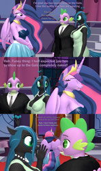 Size: 1920x3240 | Tagged: safe, artist:papadragon69, queen chrysalis, spike, twilight sparkle, alicorn, changeling, dragon, anthro, g4, 3d, adult, adult spike, clothes, comic, dress, female, gala dress, gigachad spike, grand galloping gala, jewelry, male, necklace, older, older spike, older twilight, older twilight sparkle (alicorn), pearl necklace, princess twilight 2.0, reformed villain, ship:chryspike, shipping, source filmmaker, straight, suit, trio, twilight sparkle (alicorn)
