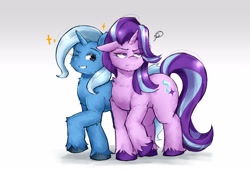 Size: 3072x2097 | Tagged: safe, artist:chinmissouri, starlight glimmer, trixie, pony, unicorn, g4, annoyed, chest fluff, colored hooves, duo, duo female, eye clipping through hair, eyebrows, eyebrows visible through hair, female, floppy ears, gradient background, grin, high res, hooves, horn, one eye closed, raised hoof, smiling, sparkles, unamused, unshorn fetlocks, wink