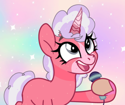 Size: 640x537 | Tagged: safe, artist:sallythepinkdog2024, pony, unicorn, g4, blaze (coat marking), coat markings, colored hooves, facial markings, female, gradient background, hooves, horn, looking up, microphone, open mouth, singing, solo, sparkles, thelma (thelma the unicorn), thelma the unicorn