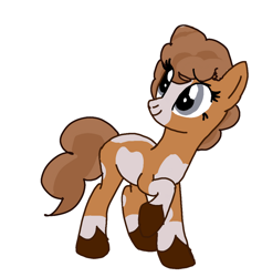 Size: 640x675 | Tagged: safe, artist:sallythepinkdog2024, earth pony, pony, g4, blaze (coat marking), coat markings, colored hooves, facial markings, female, hooves, pinto, raised hoof, simple background, smiling, solo, thelma (thelma the unicorn), thelma the unicorn, white background