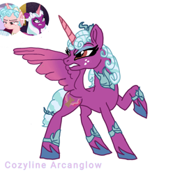 Size: 640x646 | Tagged: safe, artist:sallythepinkdog2024, cozy glow, opaline arcana, oc, alicorn, pony, g4, g5, alicorn oc, bow, colored wings, concave belly, eyeshadow, female, freckles, fusion, fusion:cozy glow, fusion:opaline arcana, gauntlet, gradient wings, hair bow, horn, jewelry, makeup, raised hoof, regalia, simple background, slender, solo, spread wings, tail, tail bow, thin, white background, wings