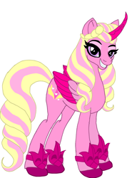 Size: 640x834 | Tagged: safe, artist:sallythepinkdog2024, opaline arcana, alicorn, pony, g4, g5, alternate color palette, alternate design, colored hooves, colored wings, eyeshadow, female, folded wings, g5 to g4, gauntlet, generation leap, hooves, looking at you, makeup, simple background, smiling, solo, white background, wings