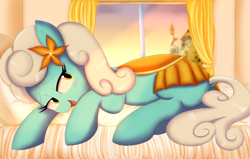 Size: 1756x1118 | Tagged: safe, artist:spoonie, serena, earth pony, pony, bed, bedroom, bedroom eyes, blushing, female, flower, flower in hair, lying down, mare, open mouth, open smile, saddle, smiling, solo, tack, window