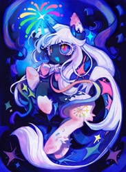 Size: 1775x2424 | Tagged: safe, artist:jojofassbender, oc, oc only, pony, bow, confetti, female, food, frosting, long hair, multicolored eyes, multicolored fur, open mouth, open smile, rainbow, ribbon, smiling, solo, sprinkles, stars, white hair