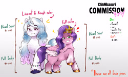 Size: 4356x2605 | Tagged: safe, artist:chinmissouri, izzy moonbow, pipp petals, pegasus, unicorn, g5, advertisement, commission, commission info, duo, duo female, female, gradient background, horn, izzy is tol, pipp is short